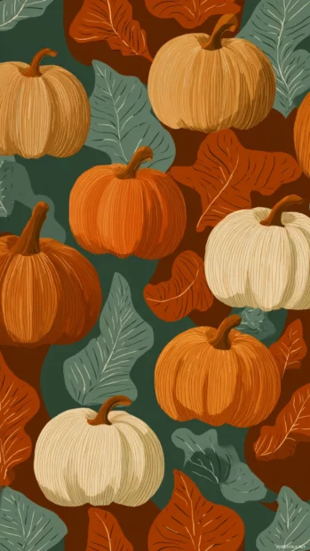 Pumpkin wallpaper aesthetic designed with retro 70s palette, stylized pumpkins and curved leaf patterns creating cozy nostalgic vibe.