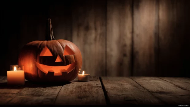 Pumpkin wallpapers hd showcasing a carved jack o lantern glowing under soft candlelight on wood table.