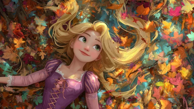 Rapunzel enjoying the autumn breeze while painting fallen leaves in a forest full of vibrant colors.