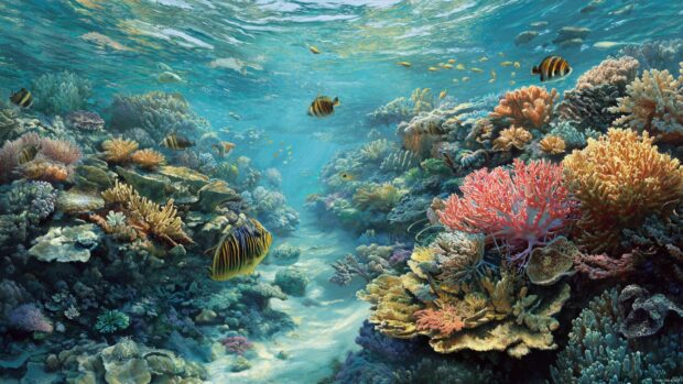 Realistic Underwater Wallpaper capturing the beauty of a coral reef ecosystem.