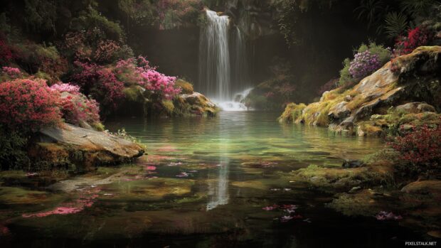 Realistic waterfall nature wallpaper immersing viewers in a tranquil setting.