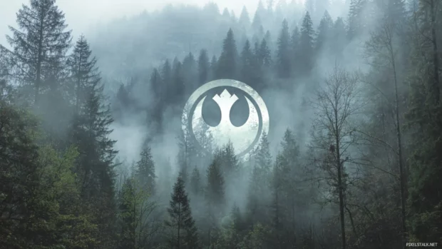Rebel alliance emblem hovering over a misty forest in a star war.