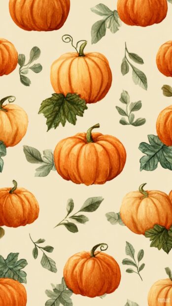 Repeating pumpkin and leaf pattern with a soft watercolor aesthetic and clean layout (2).