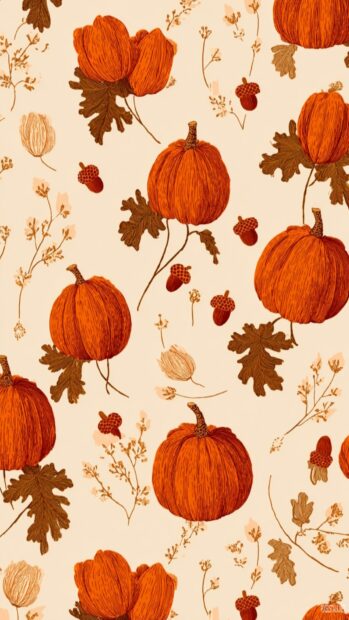 Repeating pumpkin motifs with delicate leaves and acorns in an elegant fall inspired design (2).