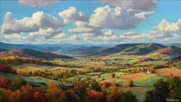 Rolling hills covered in warm fall colors stretch across the horizon in this autumn landscape masterpiece.