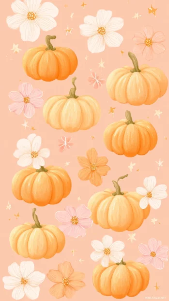 Rows of fluffy cute pumpkins surrounded by swirls and pastel floral shapes.