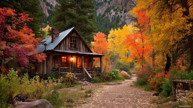 Rustic cabin wallpapers, An inviting rustic cabin surrounded by vibrant autumn foliage.
