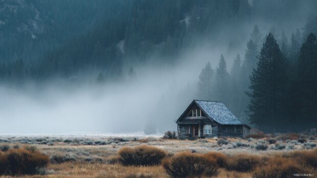 Rustic cabin wallpapers, An isolated rustic cabin engulfed by a blanket of fog in the early morning.