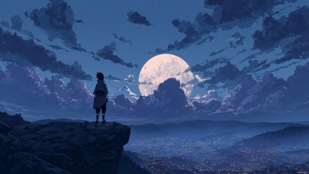 Sasuke Naruto backgrounds, A dramatic nighttime scene where Sasuke stands on a cliff overlooking a moonlit village, evoking a sense of solitude.