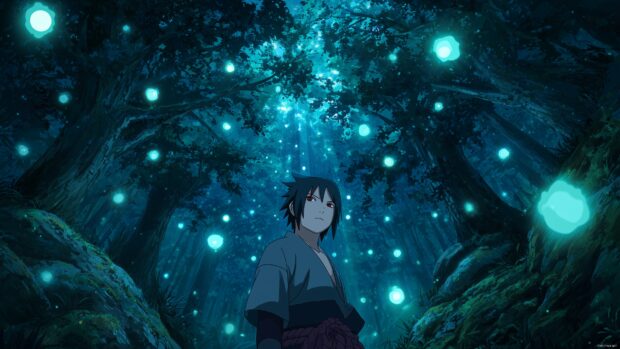 Sasuke backgrounds, A high definition depiction of Sasuke standing in a mystical forest, surrounded by ancient trees and glowing orbs of light.