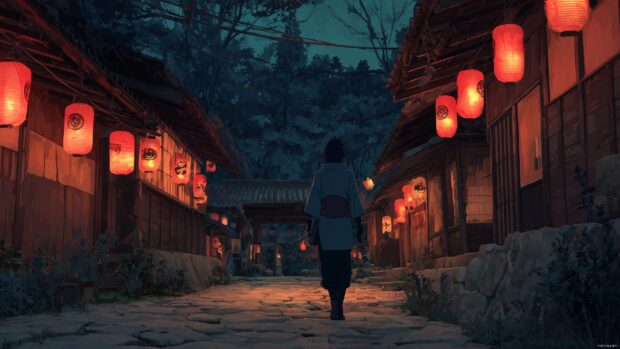 Sasuke backgrounds, A realistic portrayal of Sasuke walking through a traditional Japanese village, with lanterns illuminating the night.