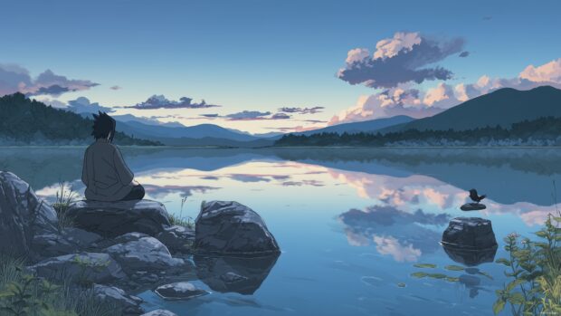 Sasuke backgrounds, A serene landscape featuring Sasuke meditating by a tranquil lake, with mountains in the background reflecting in the water.