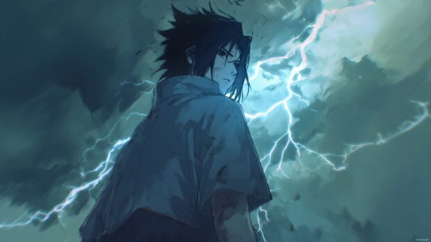 Sasuke desktop backgrounds, A dynamic composition featuring Sasuke with a stormy sky in the background, emphasizing his strength and resilience.