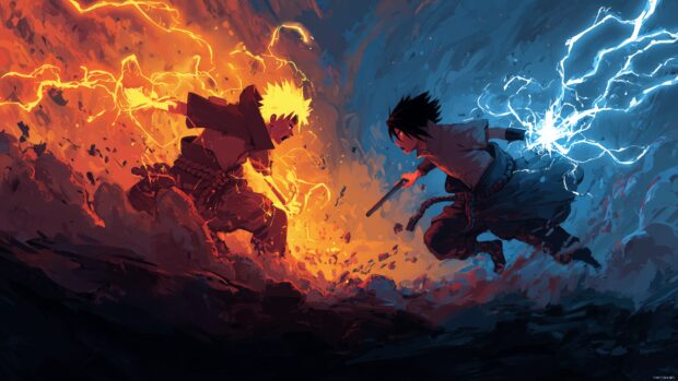 Sasuke desktop backgrounds, An epic battle scene featuring Sasuke and Naruto clashing in a dynamic showdown, capturing intense energy and movement.