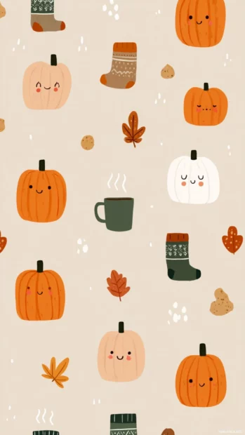 Scattered cute pumpkin icons in soft focus with beige tones and gentle light grain.