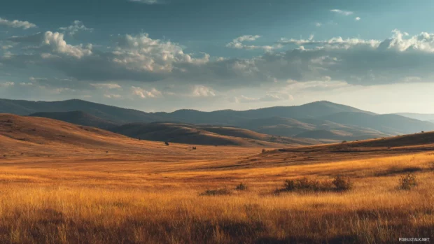 Scenic view of autumn nature wallpaper with distant hills and a golden field of grass, minimal clouds and cinematic composition.