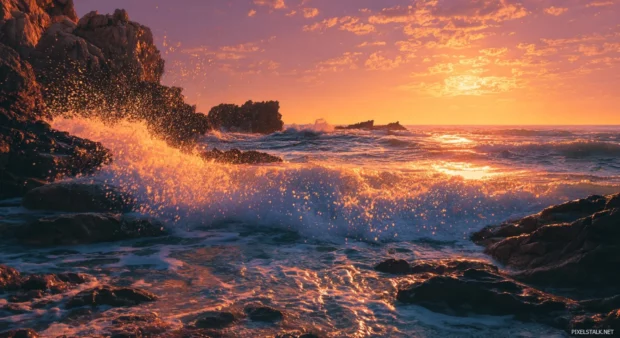 Scenic wallpaper with a dynamic coastal landscape, where waves crash against rocky cliffs under a golden sunset, energizing your device.