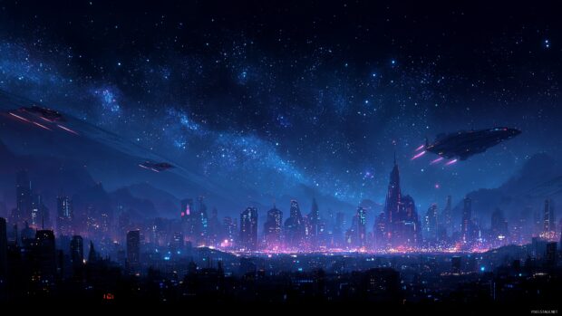 Sci fi epic wallpaper for desktop, A futuristic city skyline illuminated by neon lights, with spaceships soaring through a starry night sky above.