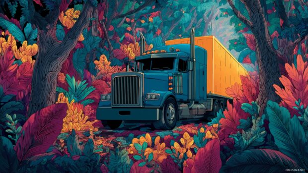 Semi Truck backgrounds, A stylized graphic of a Semi truck racing through a mystical forest, filled with vibrant foliage.