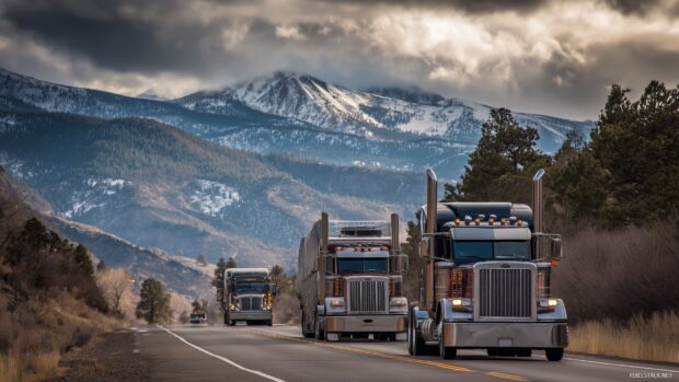 Semi Truck enthusiast wallpapers, An exhilarating capture of a convoy of Semi trucks rolling down a scenic route, emphasizing the camaraderie of truck drivers.