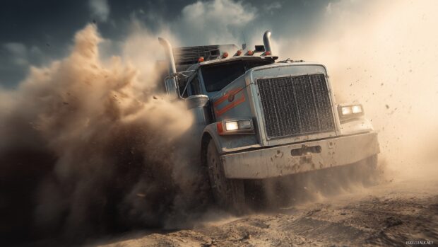 Semi Truck wallpapers, A dynamic scene of a Semi truck participating in a thrilling off road race, kicking up dust and excitement.