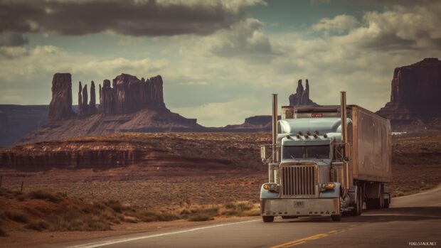 Semi truck HD wallpapers, A classic scene featuring an American Semi truck driving along a historical route with iconic landmarks in the background.