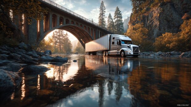 Semi truck desktop backgrounds, A mesmerizing image of a semi truck crossing a beautiful bridge over a sparkling river.