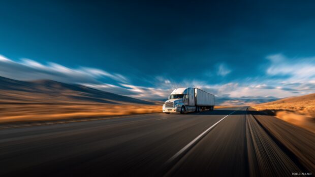 Semi truck desktop backgrounds, An artistic representation of a semi truck speeding down an open highway under a clear blue sky.