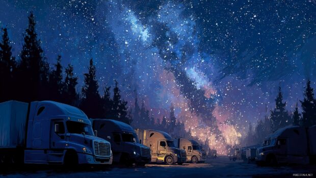 Semi truck wallpapers, A scenic view of several big rigs parked under a starry sky, creating a sense of tranquility and community.