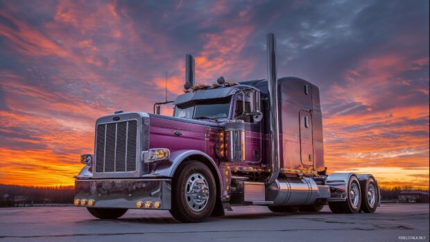 Semi truck wallpapers hd, A stunning semi truck parked against a sunset backdrop, showcasing the gleaming chrome and vibrant colors.