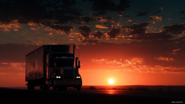 Semi truck wallpapers hd, An impressive view of a semi truck loaded with freight, silhouetted by a bright sunset.