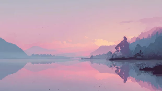 Serene aesthetic computer background illustrating a peaceful lakeside at dawn with pastel reflections and mist, contemplative mood.