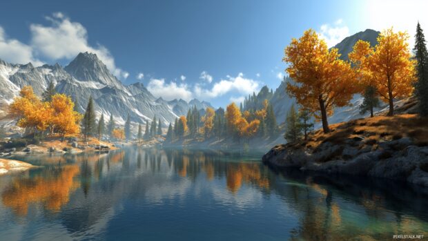 Serene lake reflecting autumn trees and mountains, 3D live wallpapers HD.