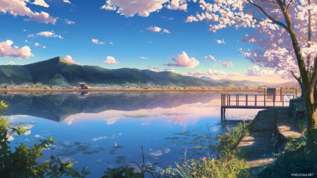 Serene lakeside views featuring high quality anime backgrounds 1080p.