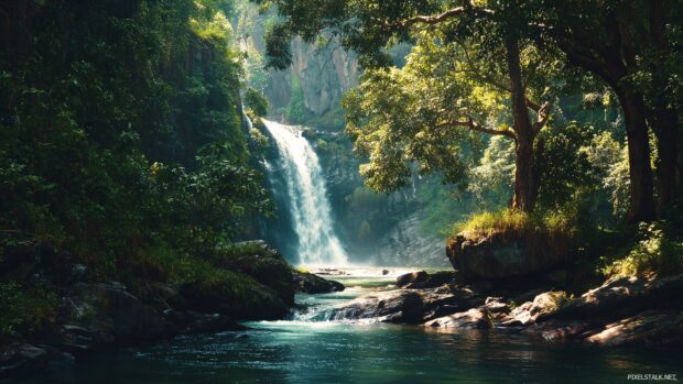 Serene waterfall scenery wallpaper showcasing nature's beauty.