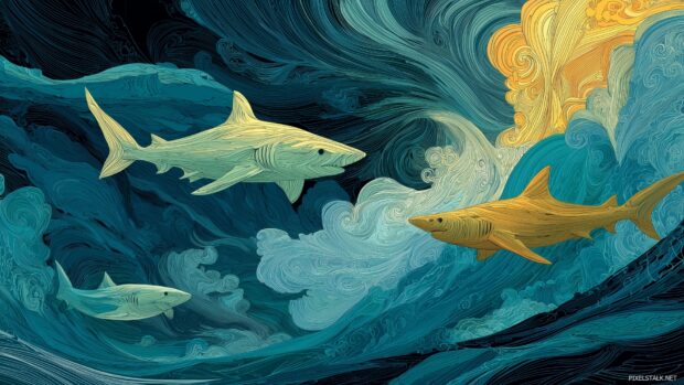 Shark backdrop presenting an abstract interpretation of sharks amidst swirling ocean currents.