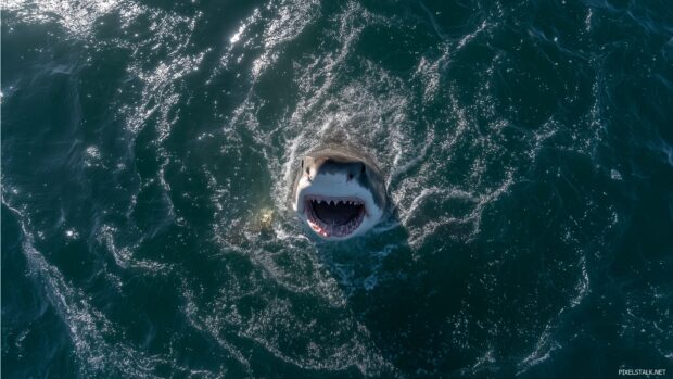 Shark wallpaper hd featuring an aerial view of a shark breaching the surface of the water.