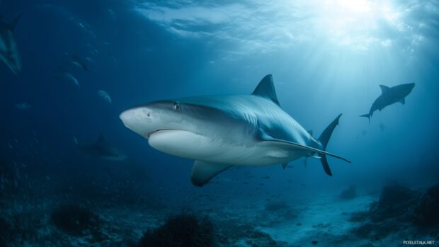 Shark wallpaper hd with an underwater view of majestic sharks swimming gracefully.