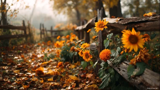 Soft Autumn atmosphere with sunflowers and orange marigolds blooming among fallen leaves near a rustic fence.