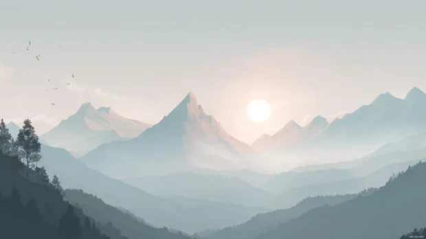 Soft PC Wallpaper showcasing serene mountain silhouettes with light mist and pale morning sunlight.