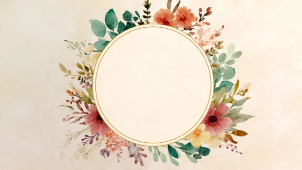Soft aesthetic computer wallpaper with watercolor floral wreath framing empty center for icons, subtle texture, elegant simplicity.