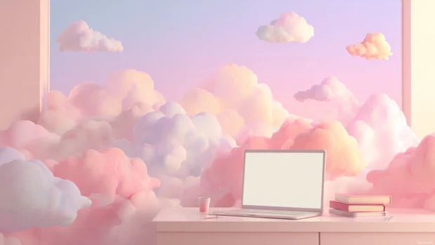 Soft aesthetic desktop background with floating pastel clouds drifting over a minimalist workspace, soft textures, gentle lighting.