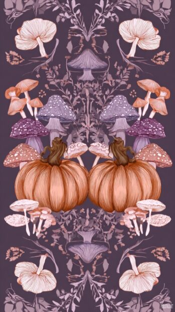 Soft aesthetic pumpkins paired with delicate mushrooms and foliage in a symmetrical tile (2).