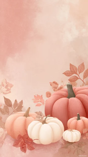 Soft pink and cream background filled with cute pumpkins and faded autumn foliage.