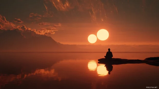 Solitary Jedi meditating beneath twin suns in a serene star wars.