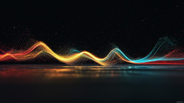 Soundwave Backgrounds, A dynamic display of multi colored sound waves pulsating against a dark backdrop, evoking energy and motion.