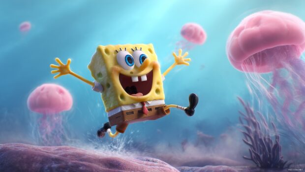 Spongebob Animated Backgrounds, A captivating scene of Spongebob bouncing on jellyfish and laughing.