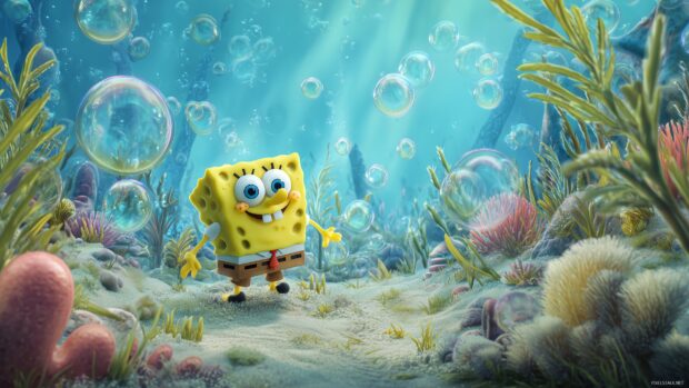 Spongebob Animated Backgrounds, A lively ocean scene with Spongebob dancing surrounded by bubbles and seaweed.