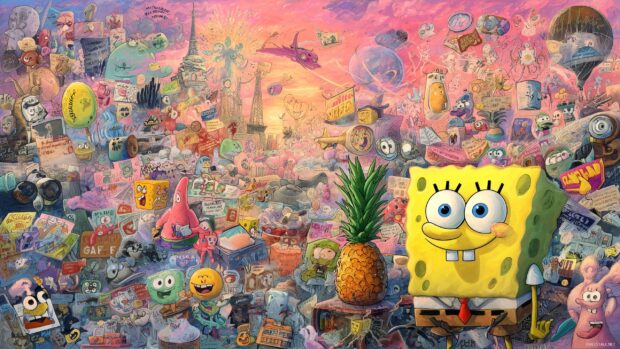 Spongebob Art Backgrounds, A creative collage of Spongebob’s most iconic moments in a playful, dynamic layout.