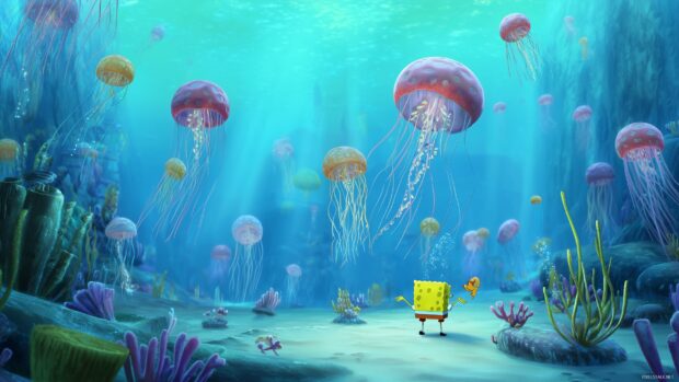 Spongebob Backgrounds, A serene underwater landscape featuring Spongebob along with his jellyfish friends.